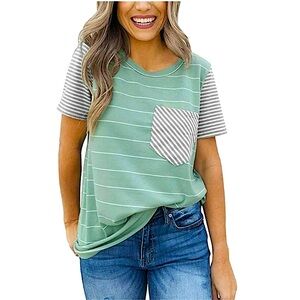 HOCOSIT Women's Blue Striped Pocket T-Shirt Short Sleeve Boyfriend Blouse!